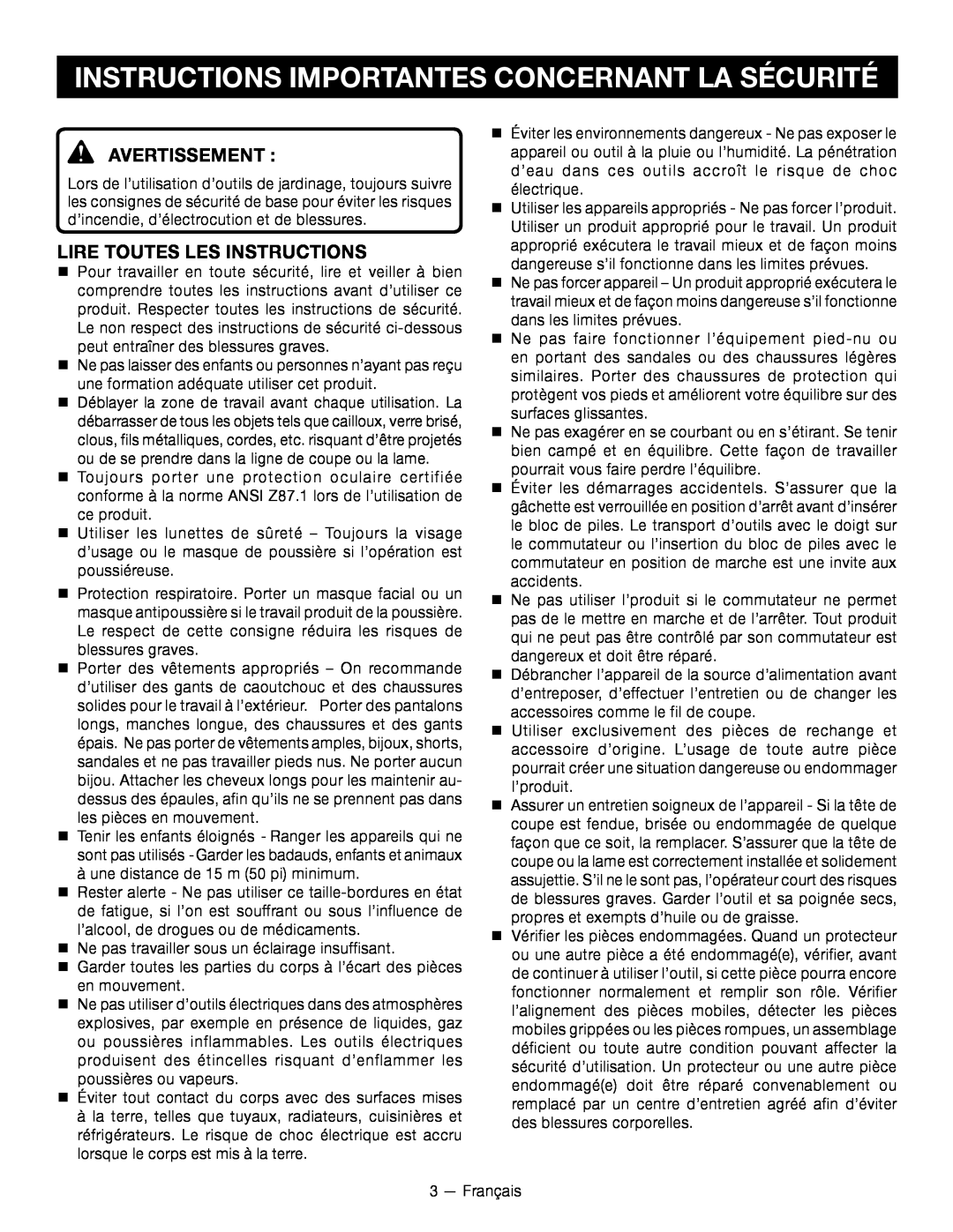 Ryobi RY24200 Instructions Importantes Concernant La Sécurité, Avertissement , lire toutes les instructions 